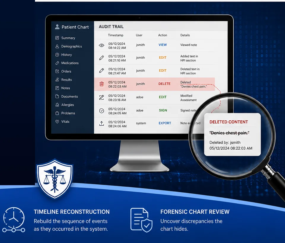 An EMR audit trail on a monitor with a magnifying glass revealing a deleted chart entry